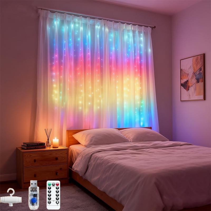 Skiennix 300LED Fairy Curtain Lights - 9.8x9.8Ft Warm White USB String Lights with Remote & Timer for Indoor/Outdoor Decor