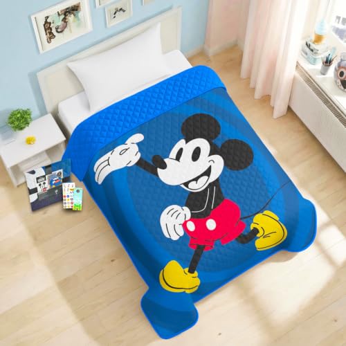 Disney Mickey Mouse Twin Bedspread Set for Kids with Stickers | Reversible Quilt Bedding