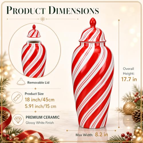 Tiangrid 18'' Large Red Christmas Candy Ginger Jar with Lid - Holiday Decor
