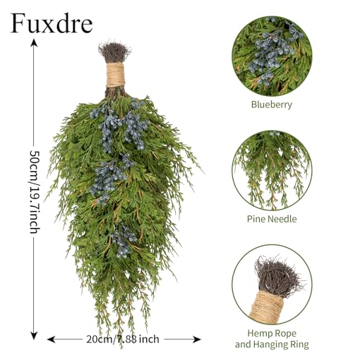 20-Inch Artificial Cedar Teardrop Swag with Blueberries for Front Door