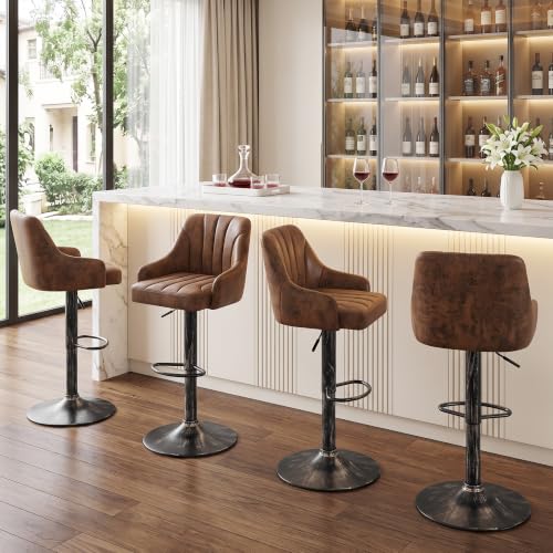 Adjustable Swivel Bar Stools with Back and Arms, Set of 2, Brown PU Leather
