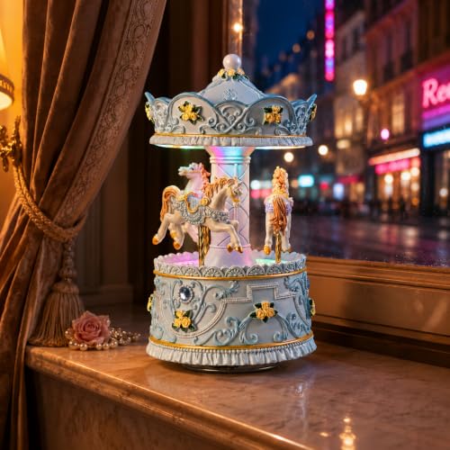Rotating Carousel Music Box with Light, Vintage Wind-Up Merry-Go-Round