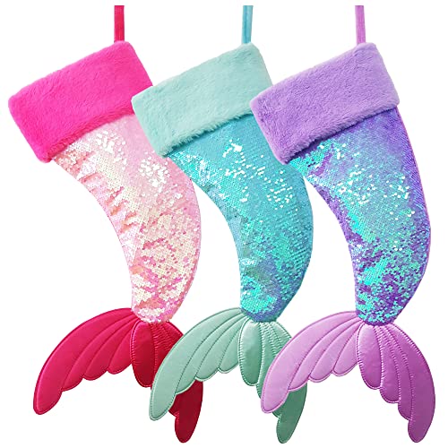 DearSun 3pcs Reversible Sequin Mermaid Tail Christmas Stockings - Pink, Blue, Purple, 25"