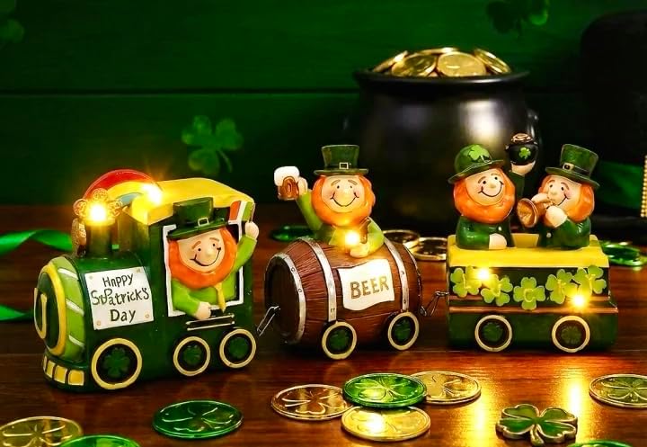 Valery Madelyn St. Patrick's Day Decorations - Lighted LED Leprechaun Train with Shamrock & Pot of Gold | Festive Table Centerpiece