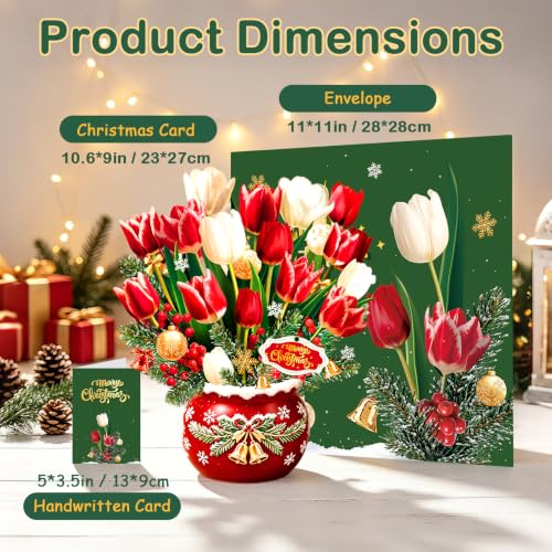 Rayilyn Christmas Tulips Pop Up Card with Lights & Music - 10.5 Inch Holiday Bouquet with Pine, Bells, Ornaments