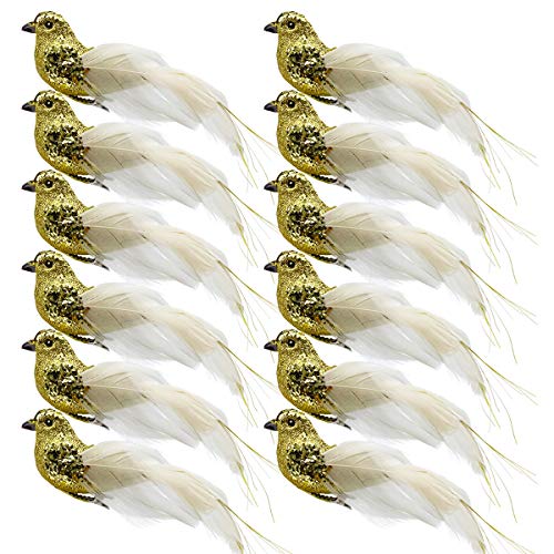 12pcs Gold Glitter Birds Christmas Tree Ornaments Clip-On Feathered Decorations