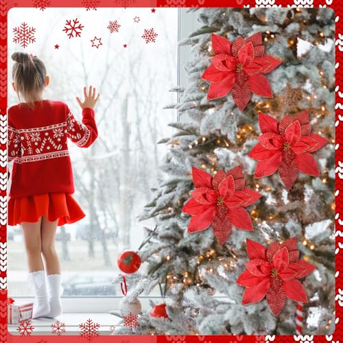 Cinnvoice 4pcs 16'' Red Poinsettia Christmas Tree Artificial Flowers (Glitter Accent)