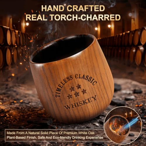 SALUNA 2 Pack Charred Wooden Bourbon Drinking Glasses - Oak Whiskey Tumbler, Personalized Gifts for Men & Dad