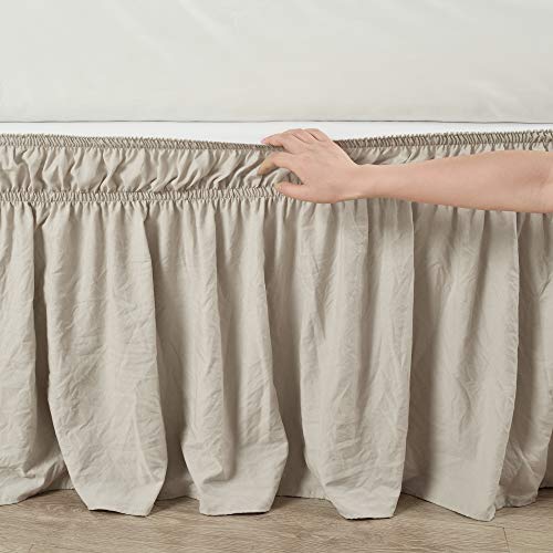Ruched Ruffle Elastic Wrap Around Bed Skirt with 20-Inch Drop, Neutral Tan