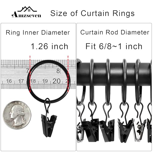 AMZSEVEN 40 Pack Black Curtain Rings with Clips - 1.26 Inch Interior Diameter