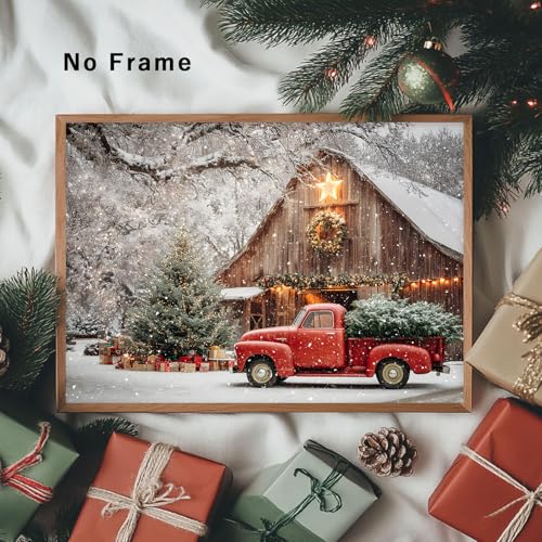 Tevenuktla Christmas Canvas Wall Art 16x24in Red Barn Winter Scene – Unframed