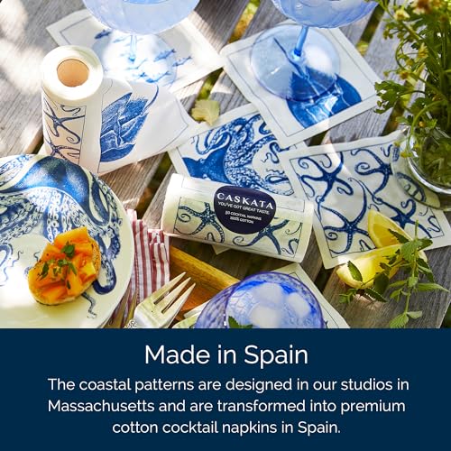 Caskata Coastal Cocktail Napkin Roll of 50, 4.5 x 4.5 Inches, Reusable Cotton, Blue & White, Set of 50