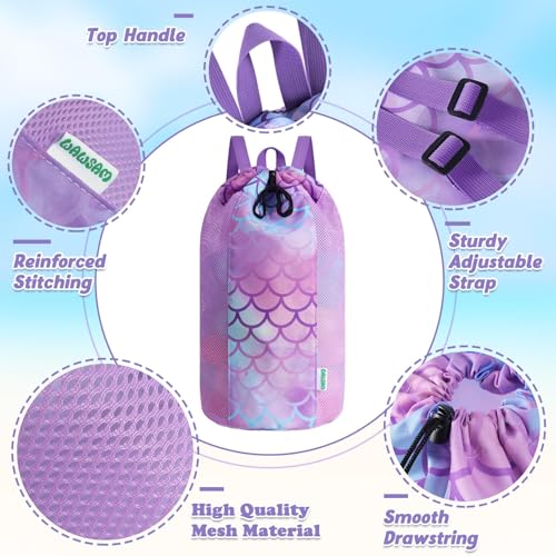 Mermaid Mesh Beach Bag for Kids, Large Drawstring Backpack for Toys & Shells