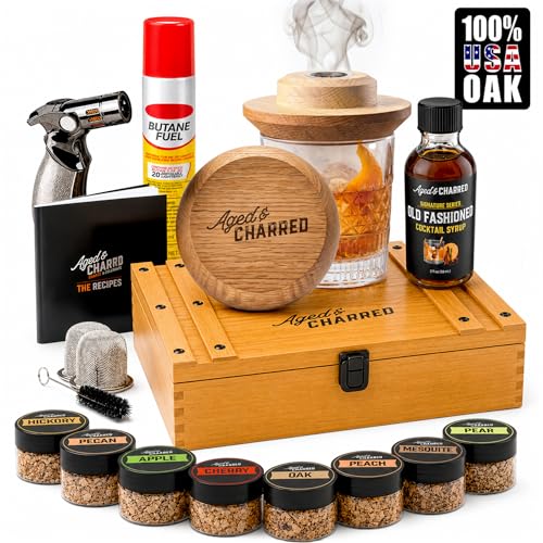 Aged & Charred Whiskey Smoker Kit with Torch & Old Fashioned Syrup - Premium Version