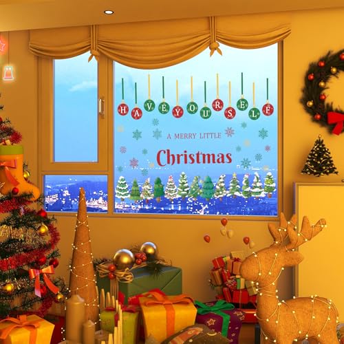 Have Yourself a Merry Little Christmas Double-Sided Window Decal Pine Trees Snowflakes Holiday Sticker