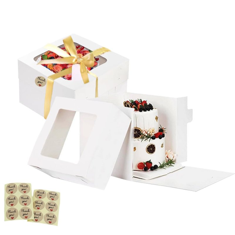 KoberrLi 2 Pack Cake Boxes with Ribbons 12x12x12 inch Tall Large White Bakery Square Cake Boxes with Window for Weddings Birthdays Decorating