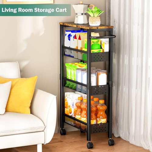 4-Tier Slim Utility Rolling Cart with Wheels & Wood Top - 7.1" Narrow Organizer