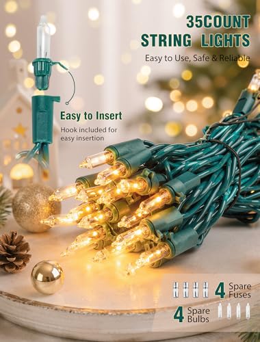 Hopolon 9.8FT 35 Warm White Christmas String Lights with Green Wire – Connectable Incandescent Mini Lights