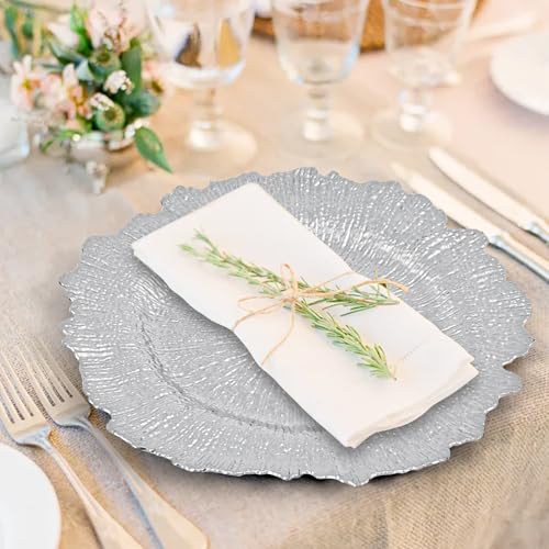 Teruntrue 50 Pcs Silver Charger Plates 13 Inch Reef Design Tableware for Weddings & Events