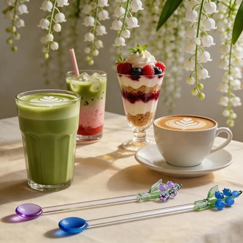Homestia 2 Pack Glass Lily of the Valley Stirring Spoons, 7.1" Floral Cocktail & Tea Swizzle Sticks