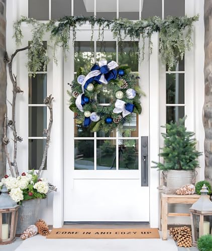 24 Inch Blue and White Christmas Wreath with Bows, Berries & Pinecones for Front Door Holiday Decor