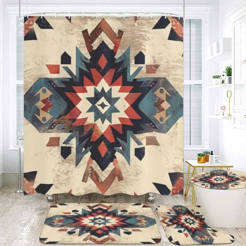 Southwestern 4-Piece Bathroom Set with Shower Curtain & Bath Rugs