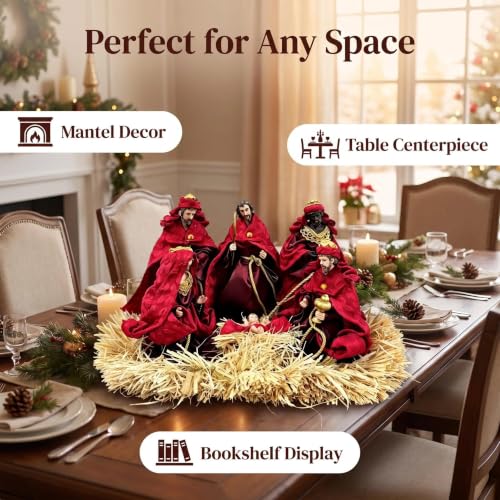 Oeihuivt Handmade Resin Nativity Scene Holy Family Christmas Decor - Red-6