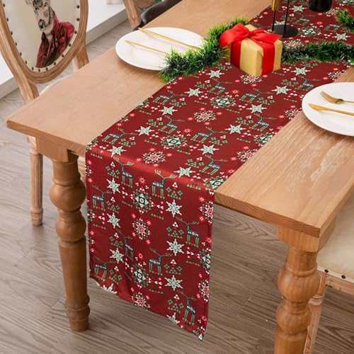 Christmas Table Runner 13x72 Red with Reindeer and Snowflake Geometric Pattern