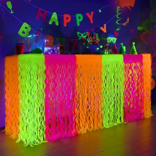 Neon Foil Fringe Table Skirts, 2 Pack Glow in the Dark Party Decorations