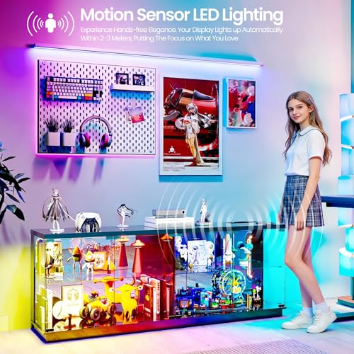 59-Inch Large Display Cabinet with Glass Doors, RGB Lights & Charger