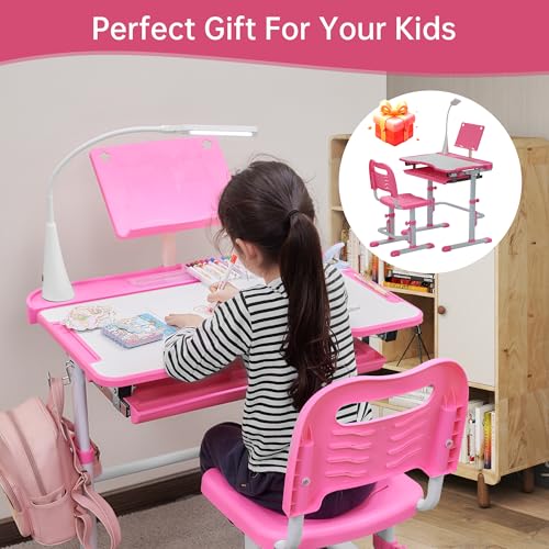 Kids Adjustable Study Desk and Chair Set with LED Lamp and Tilted Desktop