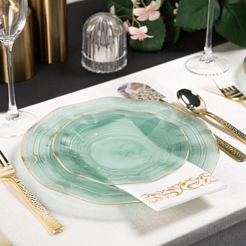 Fabulous Party 100PCS Green Plastic Plates with Gold Rim - Green Wave Variation