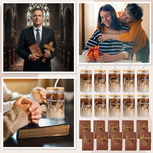Brown Bible Words Christian Glass Cups with Lids & Straws, Prayer Journals & Pens Set - 30 Pcs