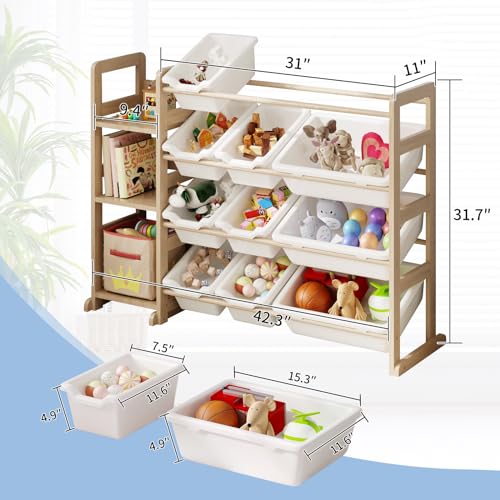 Solid Wood Kids Toy Storage Organizer with Bookshelf & 12 Bins, White