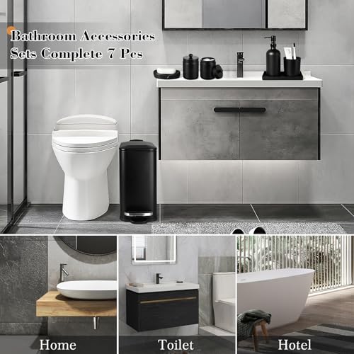 7-Piece Matte Black Glass Bathroom Accessory Set with Trash Can