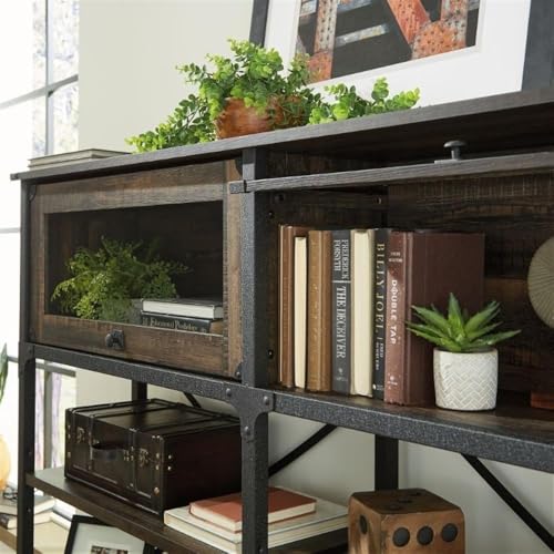 Industrial 66-Inch Office Hutch with Glass Doors and Adjustable Shelves