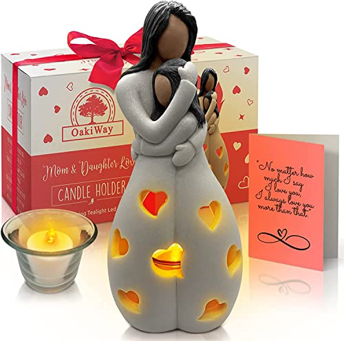 Mother and Daughter Hand-Painted Candle Holder Statue with LED Candle
