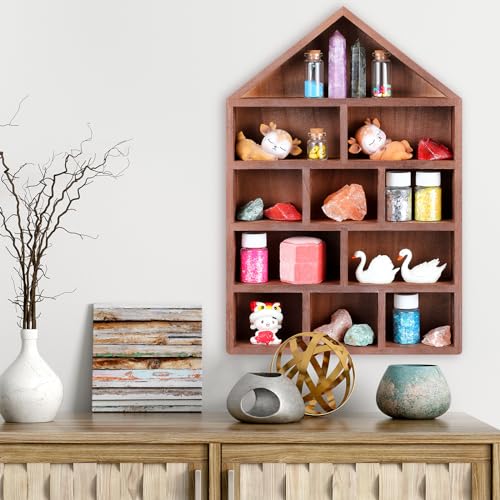 House Shaped Wooden Shadow Box, 11-Compartment Wall Mounted Display Shelf