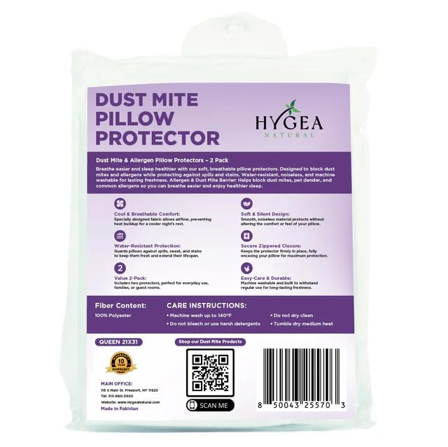 Waterproof Pillow Protectors Queen 20x30 - Zippered Allergen Encasement (Set of 2)