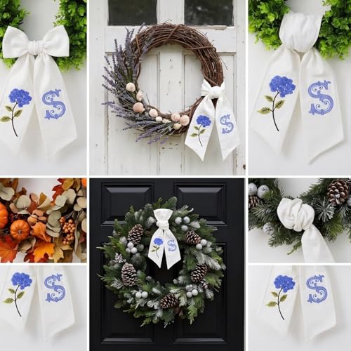 Monogram Wreath Sash for Front Door Embroidered Letter S Hydrangea