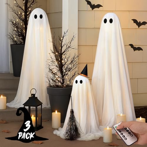 Set of 3 Light Up Ghost Halloween Decorations with Remote & Timer