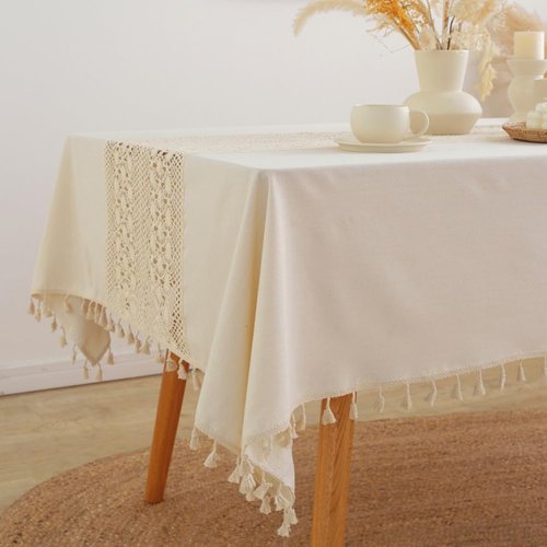AMZALI Tablecloths for Rectangle Tables, Washable Crochet Lace Cotton Linen Table Cloth Dust-Proof Table Cover with Tassles for Kitchen Dining Room, Party, 55 x 86 Inch, Beige