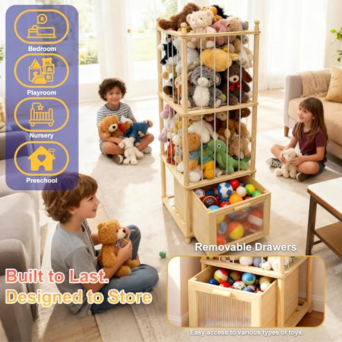 Solid Wood Stuffed Animal Storage Organizer with Clear Drawer