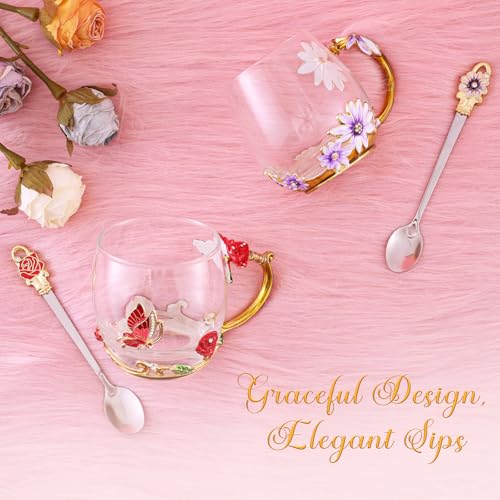 MNZZ Tall-Teal Women Glass Tea Cup Set with Spoon – 3D Butterfly Design Gift