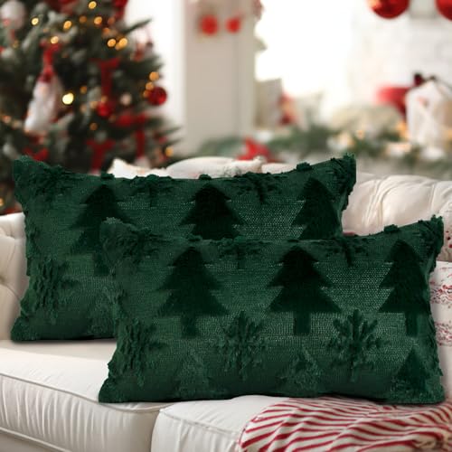 Lanpn Green 14x24 Christmas Tree Throw Pillow Covers Set of 2 Winter Snowflake Holiday Decor