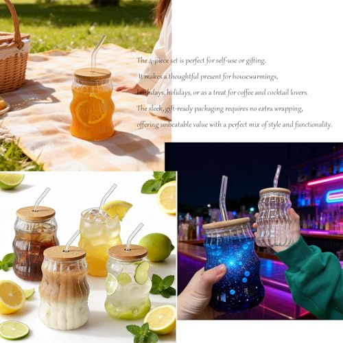 8 oz Ribbed Glass Tumbler Set with Bamboo Lids and Straws - 4 Pack