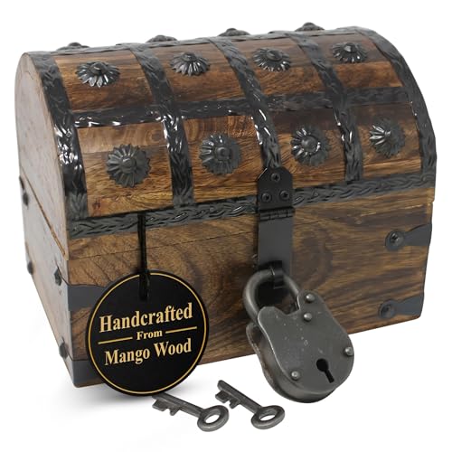 Nautical Cove Handmade Pirate Treasure Chest for Kids Prizes & Classroom with Lock and Skeleton Keys – Lockable Wooden Storage Chest Box, Pirate Decor, Decorative Wooden Box - Small 8x6x6