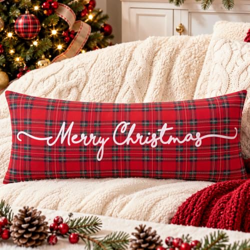 Christmas Tartan Body Pillow Cover 20x54 Inches with Zipper - Red Plaid - Variation of THIS listing