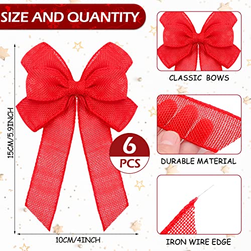 Xinnun 6 Pcs Christmas Burlap Bows Wreath Decorations, Red, Plain Style
