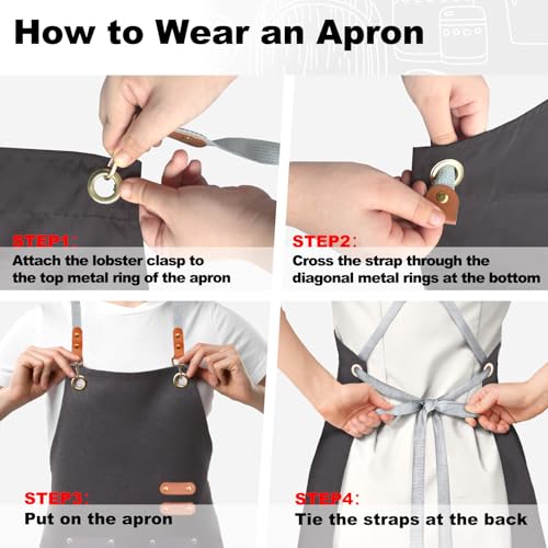 Unisex Chef Apron with Cross Back Straps and 4 Pockets for Kitchen Cooking